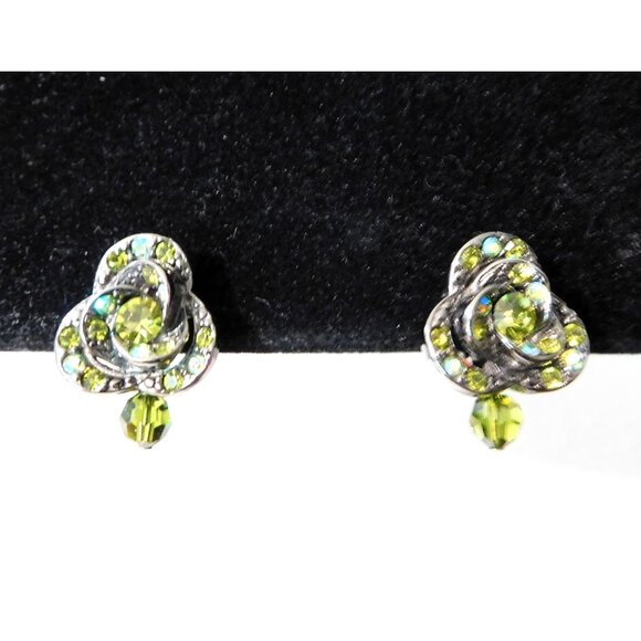 Premier Designs Sage Blossom Earrings Green Crystals Bead Accent Dual Clip Post - Picture 5 of 6